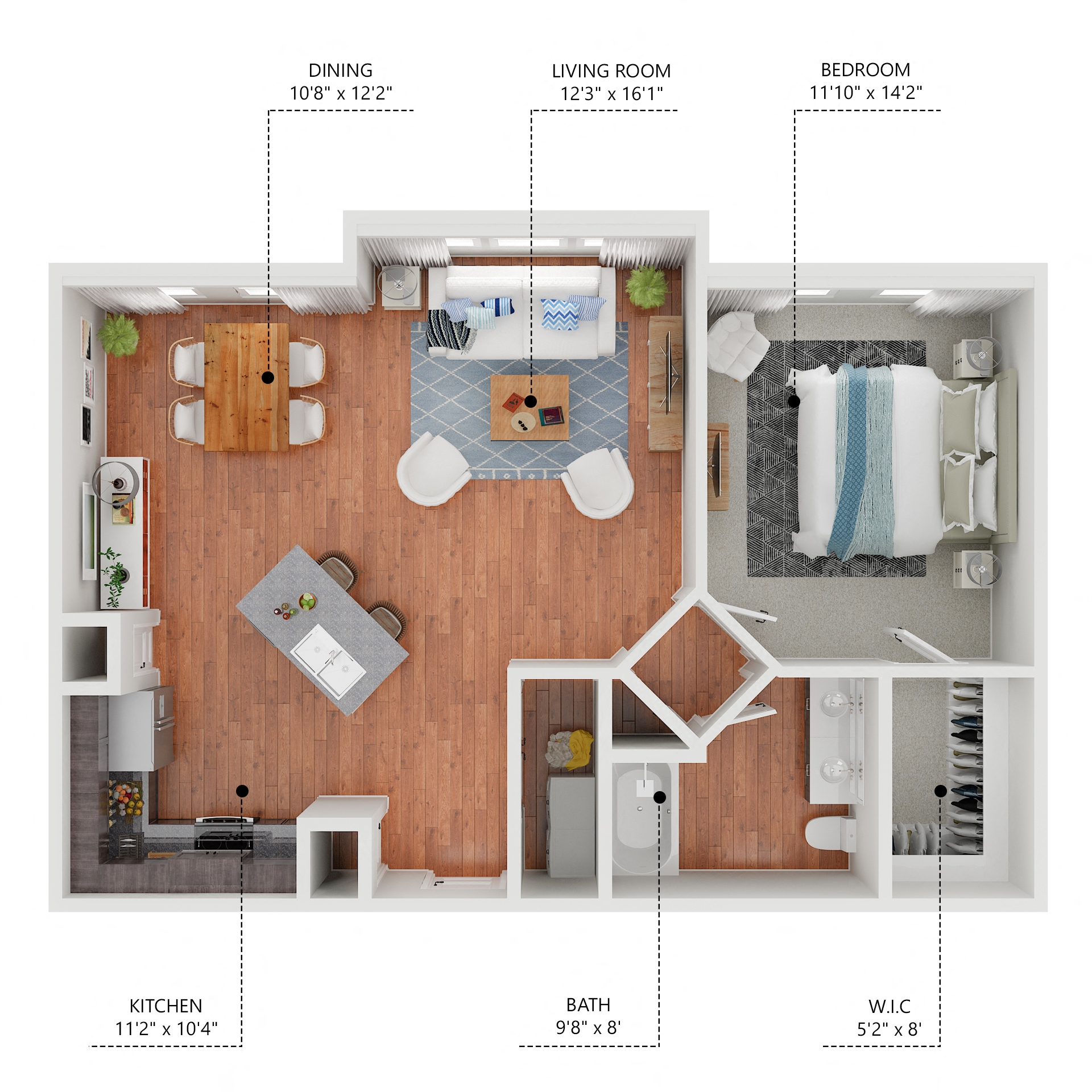 Floor plan for 1 bed, 1 bath, 866 sqft